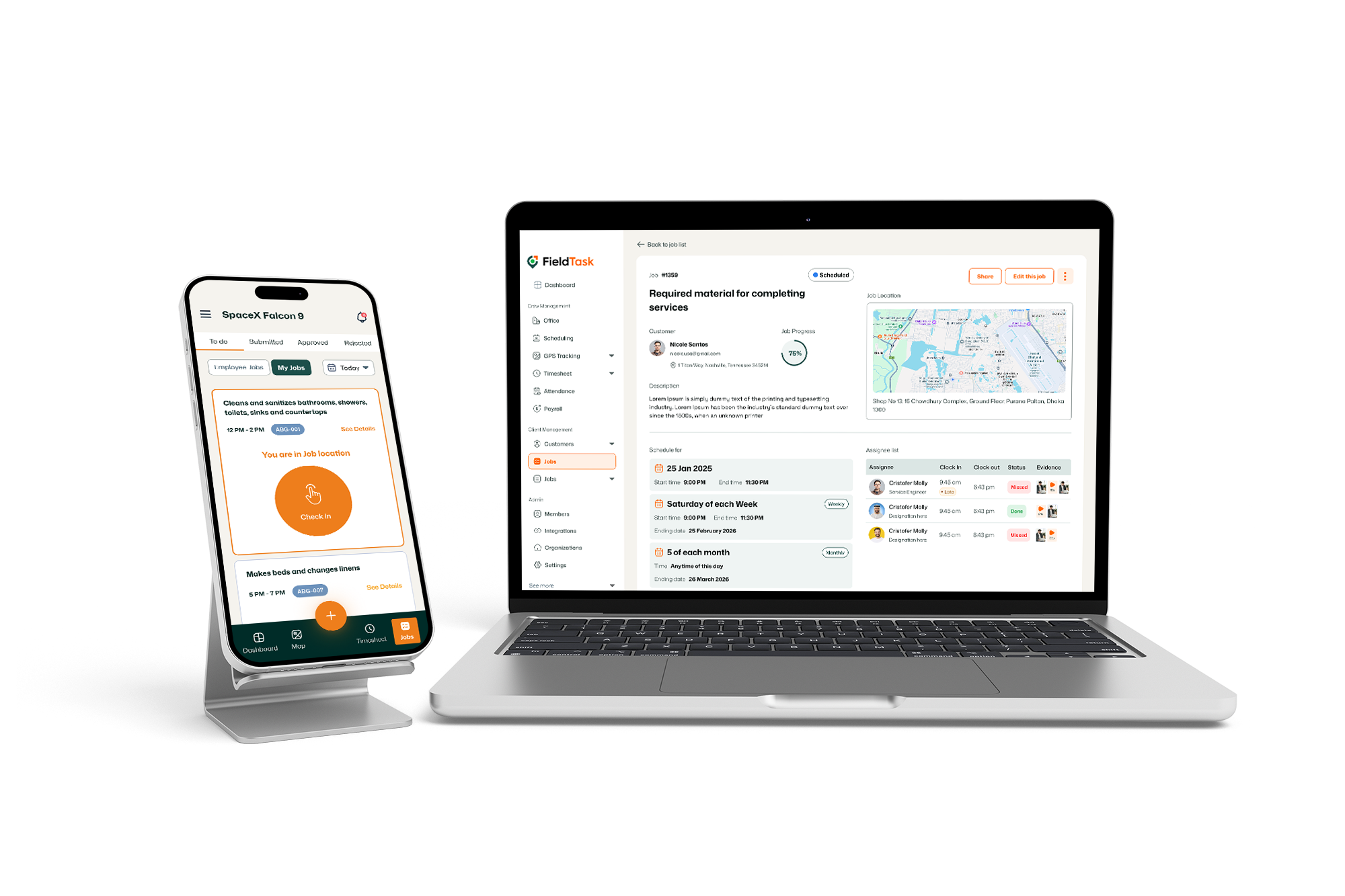 FieldTask Mobile app and web app side by side one mobile and laptop view.