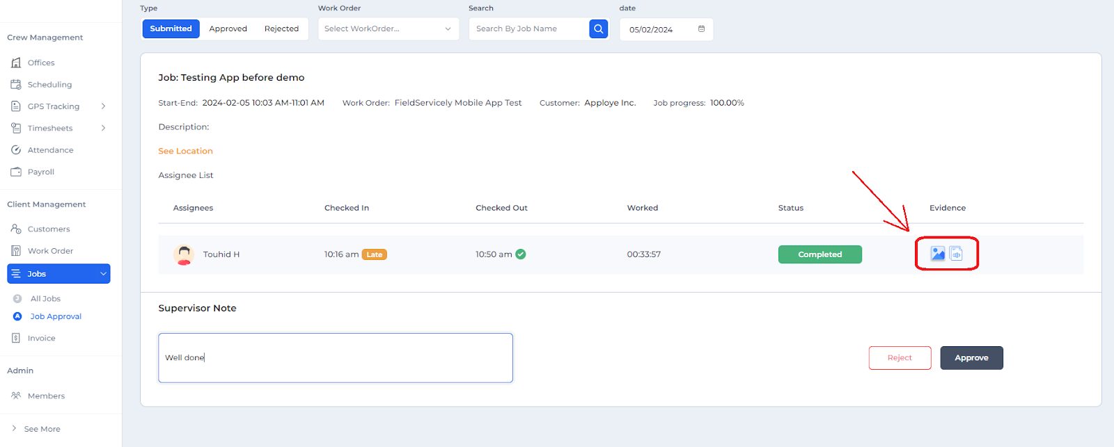 Red arrow pointing towards image and audio evidences, inside job approval