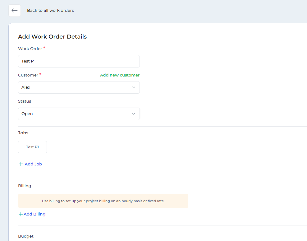 Form for creating work order, by entering work order details
