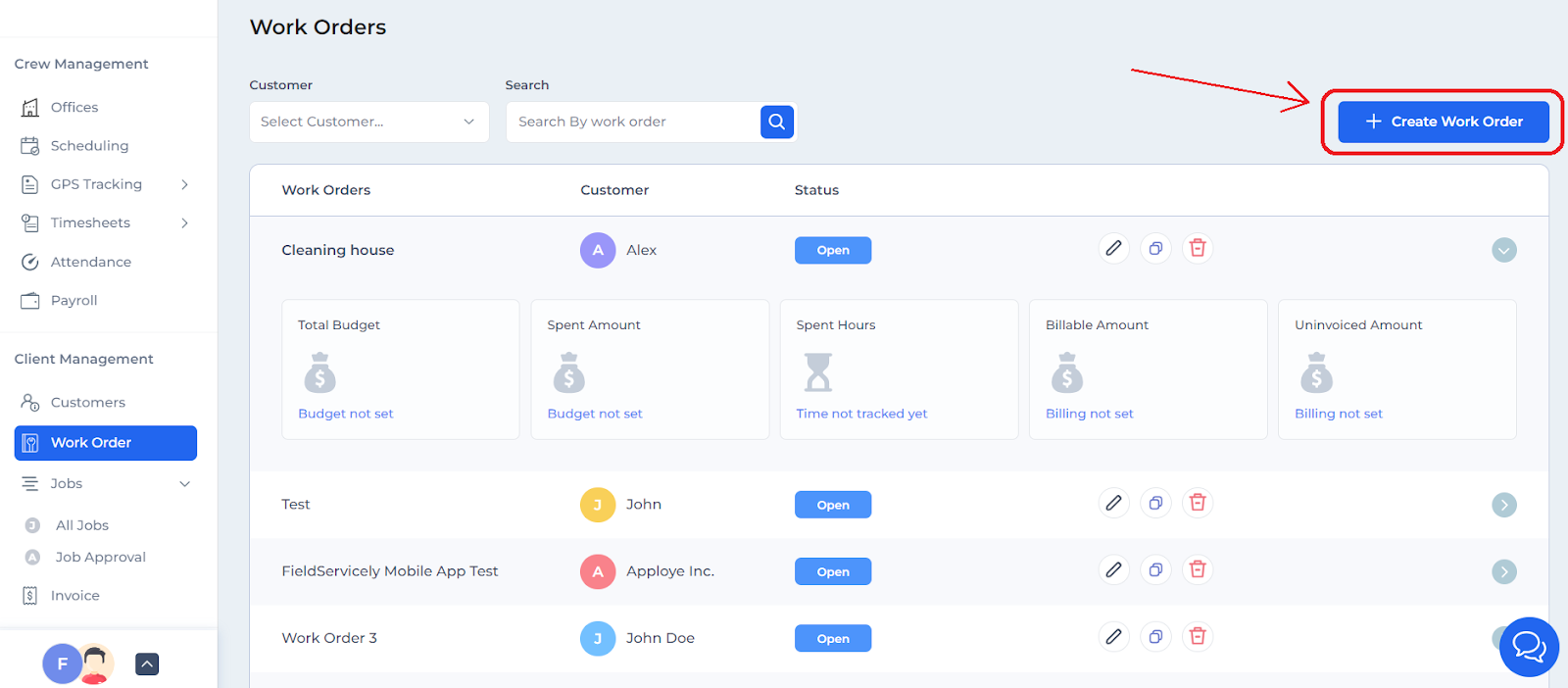 Red arrow pointing to Create Work Order button in work orders page
