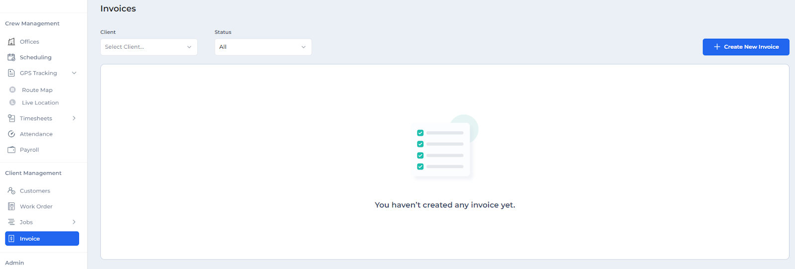 Invoice page, with blue button with title Create New Invoice
